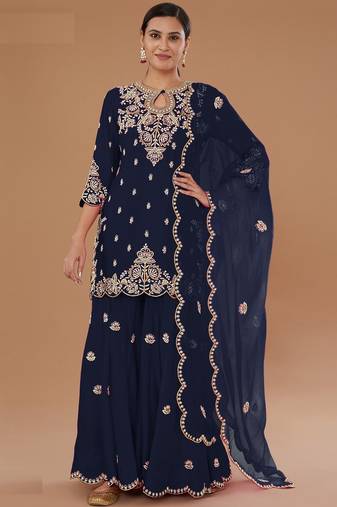 Navy blue embroidered vichitra semi-stitched palazzo style salwar suit