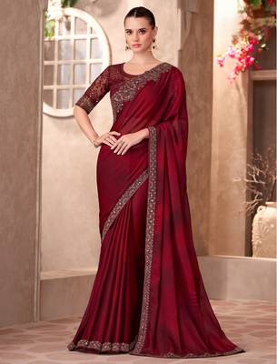 Maroon sparkle shaded chiffon saree with linen work blouse 1