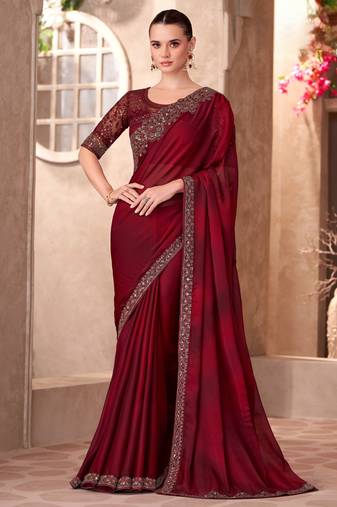 Maroon sparkle shaded chiffon saree with linen work blouse