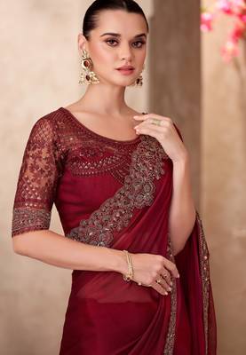Maroon sparkle shaded chiffon saree with linen work blouse 2