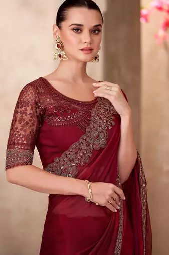 Maroon sparkle shaded chiffon saree with linen work blouse