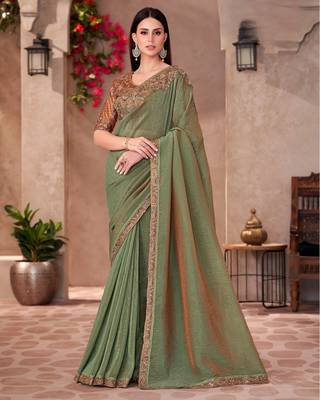 Green golden shine georgette saree with linen work blouse 1