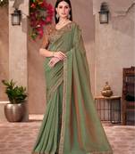 Green golden shine georgette saree with linen work blouse