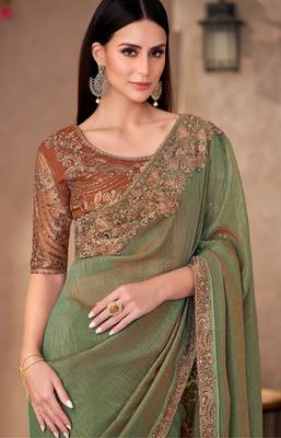 Green golden shine georgette saree with linen work blouse 2