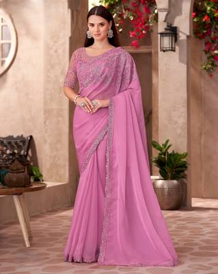 Pink shine & silk blend pink chiffon saree with georgette work blouse 1
