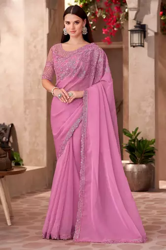 Pink shine & silk pink chiffon saree with georgette work blouse