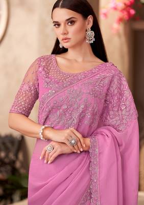 Pink shine & silk blend pink chiffon saree with georgette work blouse 2