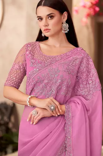 Pink shine & silk blend pink chiffon saree with georgette work blouse