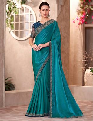 Peacock blue satin georgette saree with linen work blouse 1