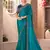 Peacock blue satin georgette saree with linen work blouse