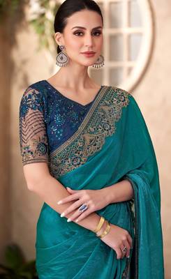 Peacock blue satin georgette saree with linen work blouse 2