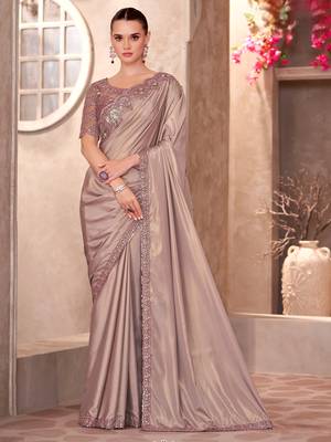 Light brown shimmer silk blend crape saree with satin chiffon work blouse 1