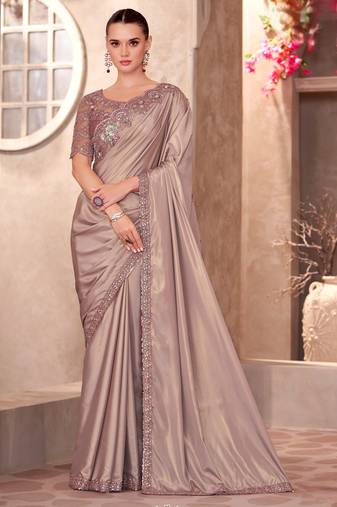 Light brown shimmer silk crape saree with satin chiffon work blouse