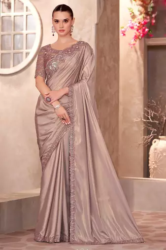 Light brown shimmer silk crape saree with satin chiffon work blouse