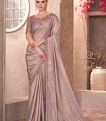 Light brown shimmer silk crape saree with satin chiffon work blouse