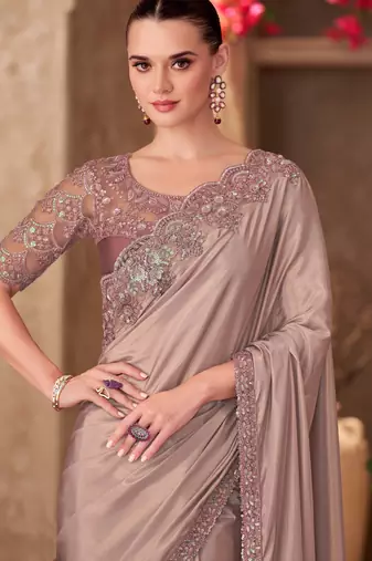 Light brown shimmer silk blend crape saree with satin chiffon work blouse