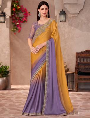 Multy majestic shaded chiffon saree with linen work blouse 1