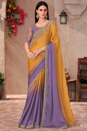 Multy majestic shaded chiffon saree with linen work blouse
