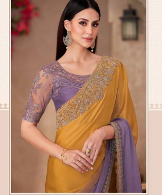 Multy majestic shaded chiffon saree with linen work blouse 2