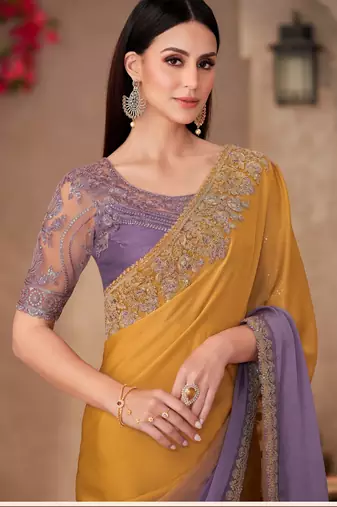 Multy majestic shaded chiffon saree with linen work blouse