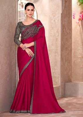 Cherry red pure chiffon saree with linen work blouse 1