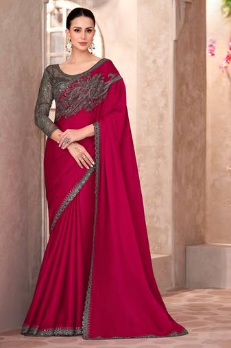Cherry red pure chiffon saree with linen work blouse
