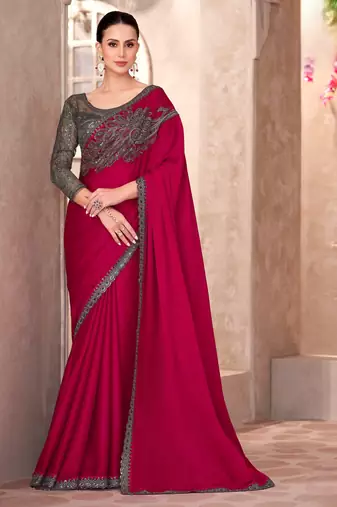 Cherry red pure chiffon saree with linen work blouse