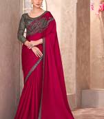 Cherry red pure chiffon saree with linen work blouse