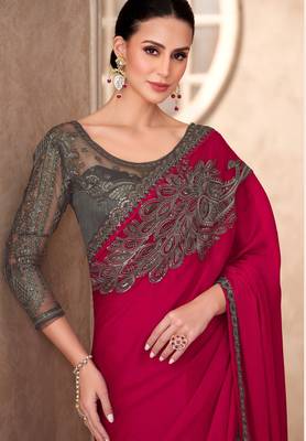 Cherry red pure chiffon saree with linen work blouse 2