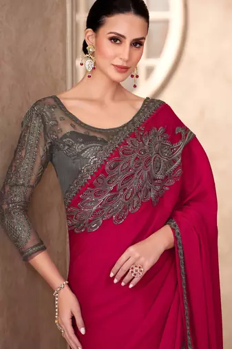 Cherry red pure chiffon saree with linen work blouse
