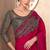 Cherry red pure chiffon saree with linen work blouse