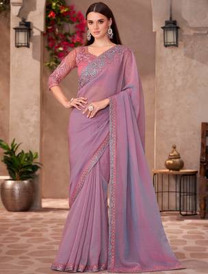 Rich pink shining georgette saree with linen work blouse 1