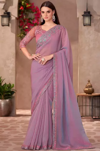 Rich pink shining georgette saree with linen work blouse