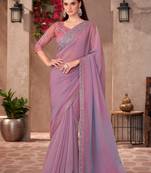 Rich pink shining georgette saree with linen work blouse