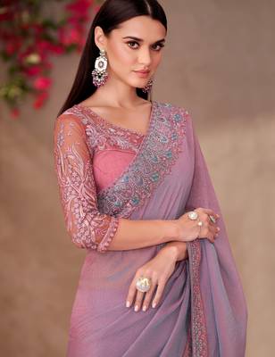 Rich pink shining georgette saree with linen work blouse 2