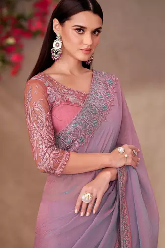 Rich pink shining georgette saree with linen work blouse