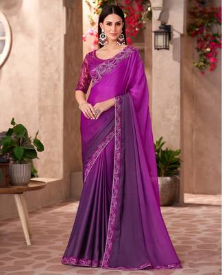 Purple majestic shaded chiffon saree with satin work blouse 1
