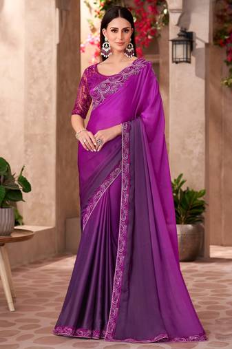 Purple majestic shaded chiffon saree with satin work blouse