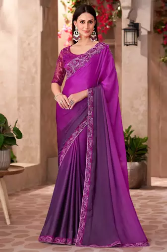 Purple majestic shaded chiffon saree with satin work blouse