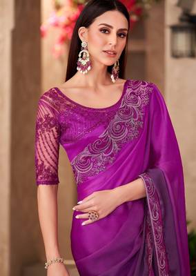 Purple majestic shaded chiffon saree with satin work blouse 2