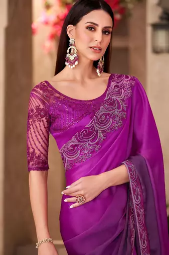 Purple majestic shaded chiffon saree with satin work blouse