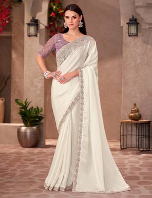 Pearl white shining georgette saree with linen work blouse 1