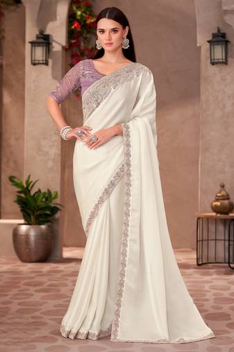 Pearl white shining georgette saree with linen work blouse