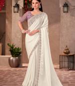 Pearl white shining georgette saree with linen work blouse