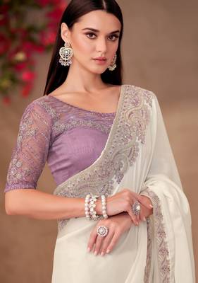 Pearl white shining georgette saree with linen work blouse 2