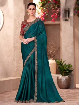 Teal blue sparkle shaded chiffon saree with georgette work blouse 1