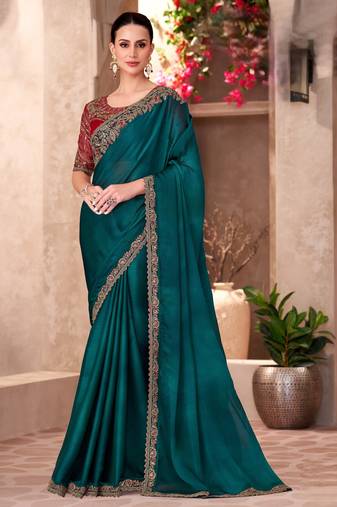 Teal blue sparkle shaded chiffon saree with georgette work blouse