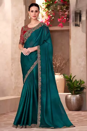 Teal blue sparkle shaded chiffon saree with georgette work blouse