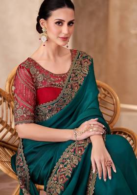 Teal blue sparkle shaded chiffon saree with georgette work blouse 2