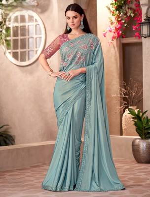 Sky shimmer silk blend crape saree with linen work blouse 1